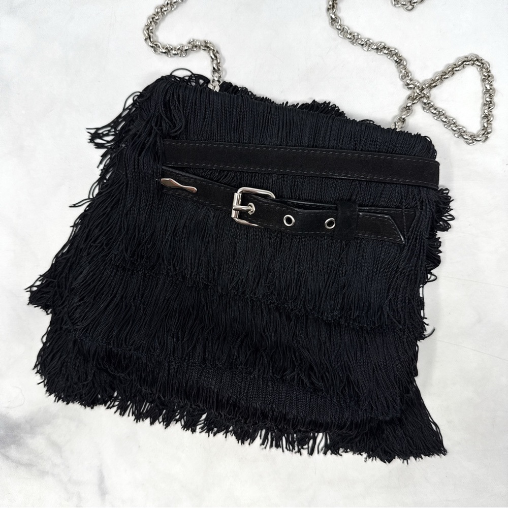 Christian Louboutin Belted Fringe Suede Crossbody Bucket Bag Chain Strap Black - Picture 3 of 13